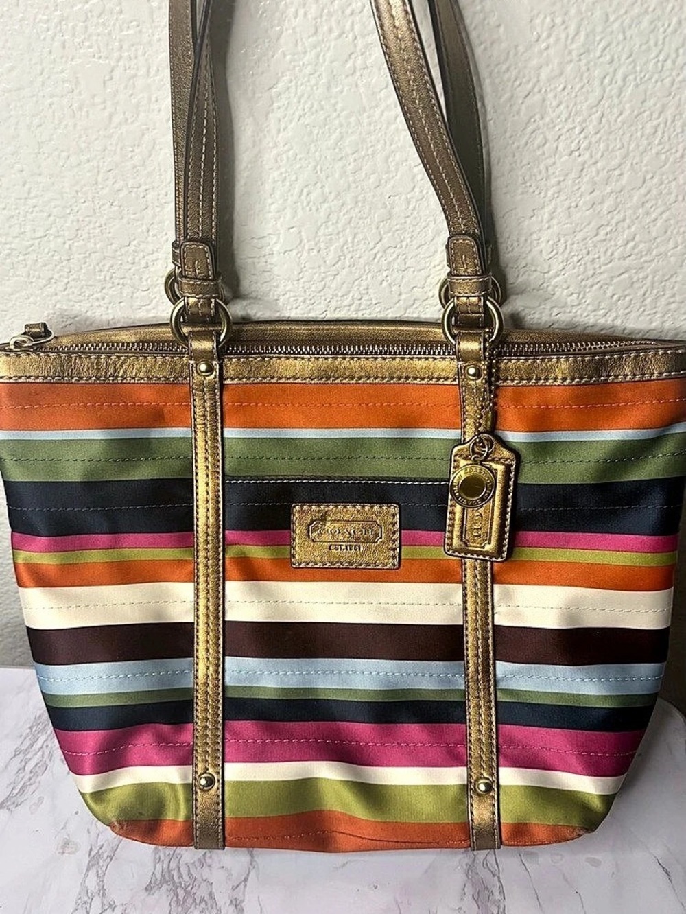 Vintage Coach Y2K Multicolor Legacy Stripe Sateen Tote Bag